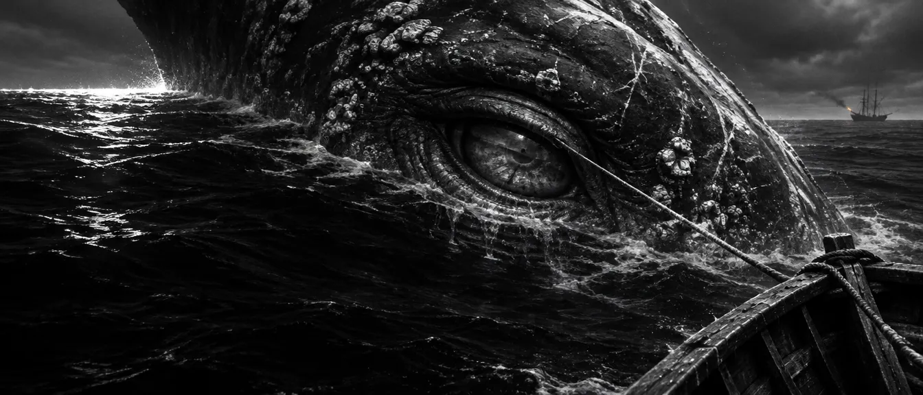 Mata raksasa Leviathan di permukaan laut hitam, tali harpun tegang menuju sekoci