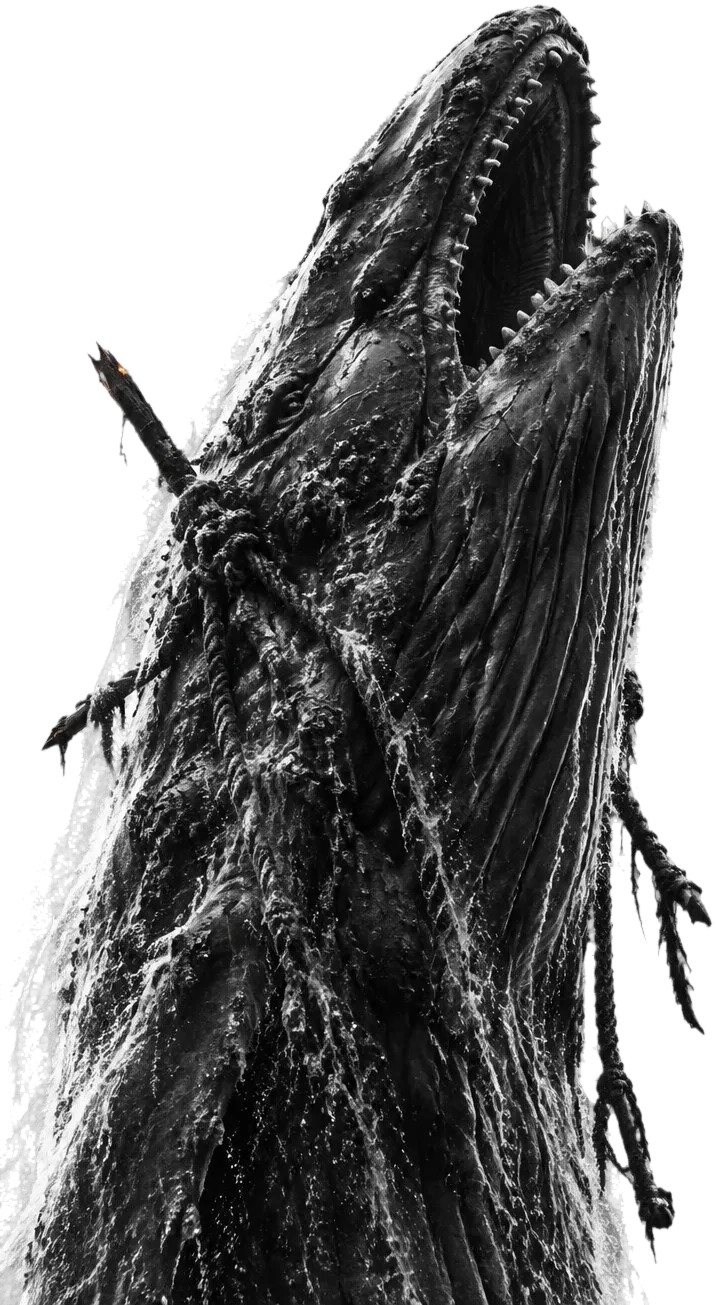 Leviathan menembus permukaan, rahang terbuka ke langit